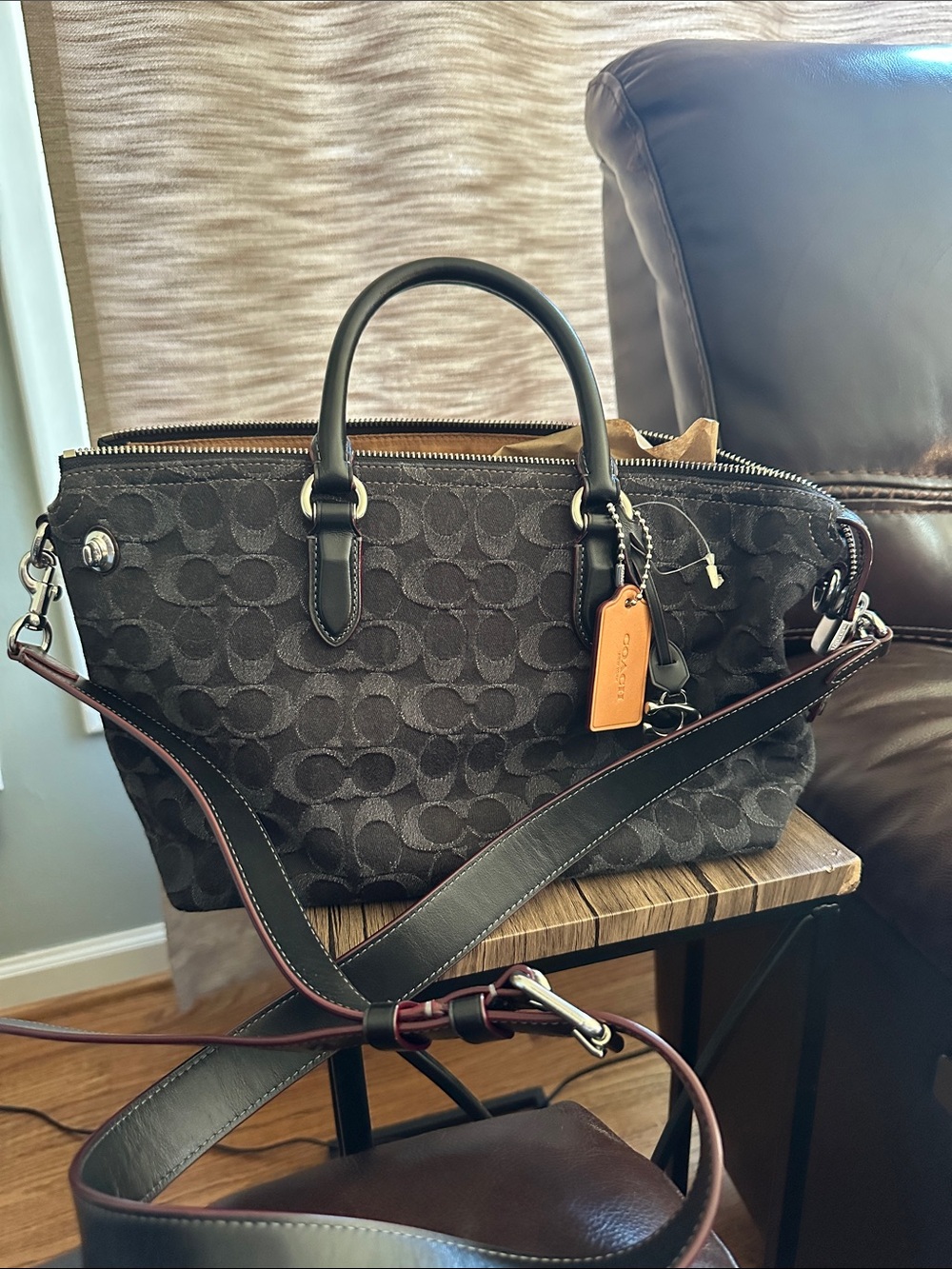 Coach Black Signature Canvas Satchel with Tan Leather Tag